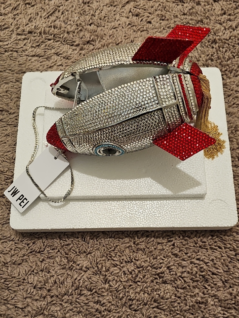 JW PEI Red & Silver Rocket Embellished Minaudière Clutch New In Box With Tags